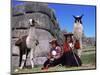 Local Indian Women with Domestic Llamas, Sacsayhumman, Cusco, Peru, South America-Pete Oxford-Mounted Premium Photographic Print