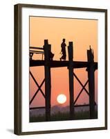 Local Man Walking on the Famous U Bein Teak Bridge at Sunset, Near Mandalay, Myanmar (Burma), Asia-Lee Frost-Framed Photographic Print