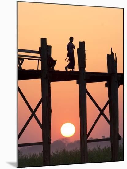 Local Man Walking on the Famous U Bein Teak Bridge at Sunset, Near Mandalay, Myanmar (Burma), Asia-Lee Frost-Mounted Photographic Print