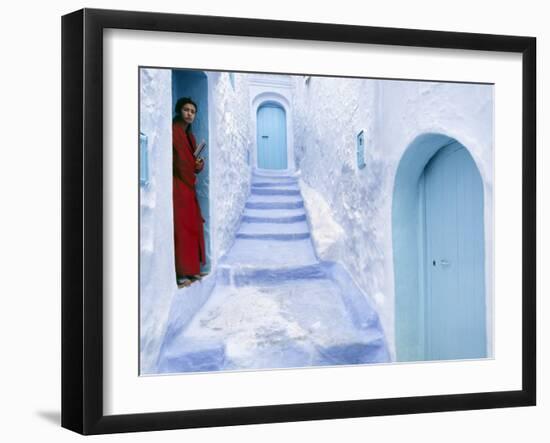 Local Woman Steps Out into Whitewashed Streets of Rif Mountains Town of Chefchaouen, Morocco-Andrew Watson-Framed Photographic Print