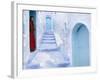 Local Woman Steps Out into Whitewashed Streets of Rif Mountains Town of Chefchaouen, Morocco-Andrew Watson-Framed Photographic Print