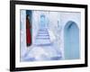 Local Woman Steps Out into Whitewashed Streets of Rif Mountains Town of Chefchaouen, Morocco-Andrew Watson-Framed Photographic Print