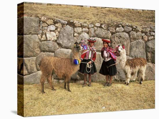 Local Women and Llamas in Front of Inca Ruins, Near Cuzco, Peru, South America-Gavin Hellier-Stretched Canvas