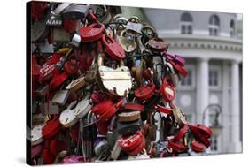 Locks Line the Bridge, Keys are Tossed in as a Symbol of Love, Moscow, Russia-Kymri Wilt-Stretched Canvas