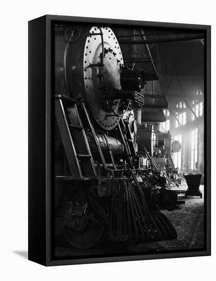 Locomotives in Roundhouse-Jack Delano-Framed Stretched Canvas