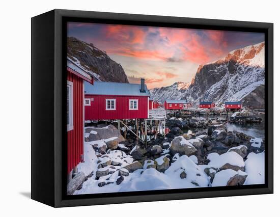 Lofoten red houses-Marco Carmassi-Framed Stretched Canvas