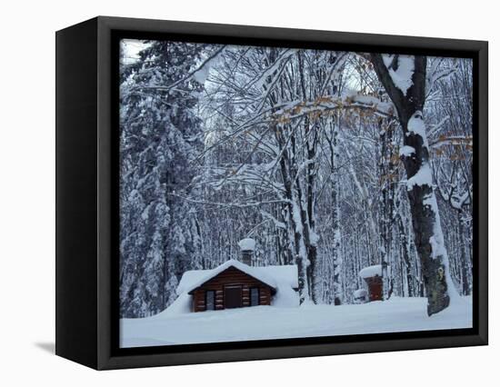 Log Cabin in Snowy Woods, Chippewa County, Michigan, USA-Claudia Adams-Framed Stretched Canvas