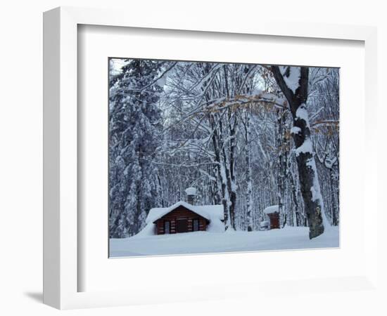 Log Cabin in Snowy Woods, Chippewa County, Michigan, USA-Claudia Adams-Framed Photographic Print