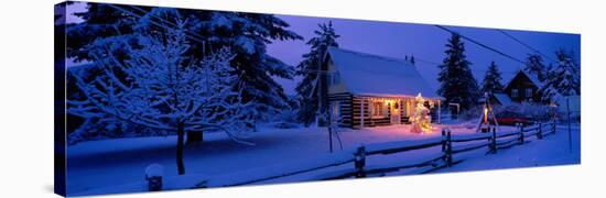 Log House with Christmas Lights, Laurentians, Canada-null-Stretched Canvas