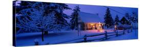 Log House with Christmas Lights, Laurentians, Canada-null-Stretched Canvas