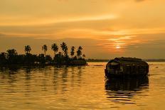 A traditional houseboat moves past the setting sun on the Kerala Backwaters, Kerala, India, Asia-Logan Brown-Photographic Print