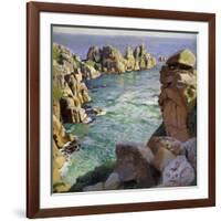 Logans Rock, Porthcurno Beach, Cornwall-Harold Harvey-Framed Giclee Print