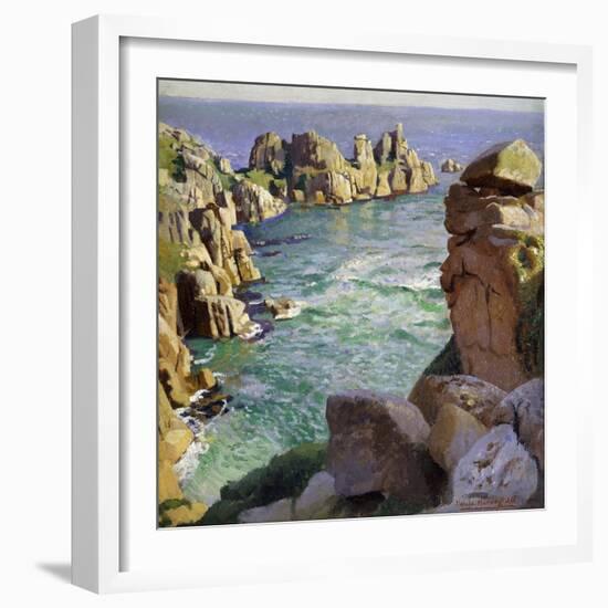 Logans Rock, Porthcurno Beach, Cornwall-Harold Harvey-Framed Giclee Print