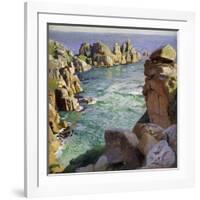 Logans Rock, Porthcurno Beach, Cornwall-Harold Harvey-Framed Giclee Print