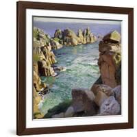 Logans Rock, Porthcurno Beach, Cornwall-Harold Harvey-Framed Giclee Print