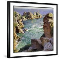 Logans Rock, Porthcurno Beach, Cornwall-Harold Harvey-Framed Giclee Print