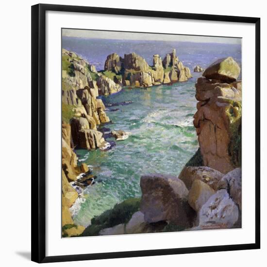 Logans Rock, Porthcurno Beach, Cornwall-Harold Harvey-Framed Giclee Print