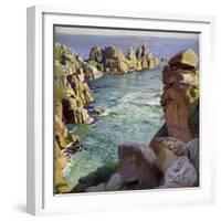 Logans Rock, Porthcurno Beach, Cornwall-Harold Harvey-Framed Giclee Print