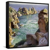 Logans Rock, Porthcurno Beach, Cornwall-Harold Harvey-Framed Stretched Canvas