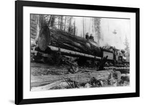 Logging Train carrying men and 12 foot diameter Fir Trees Photograph - Cascades, WA-Lantern Press-Framed Art Print