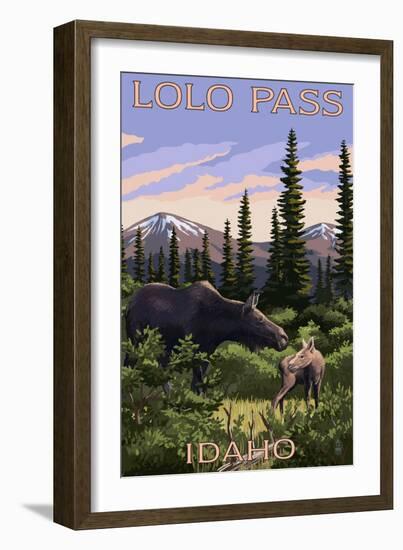 Lolo Pass, Idaho - Moose and Calf-Lantern Press-Framed Art Print