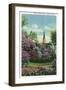 Lombard, Illinois, Lilacia Park, View of Blooming Lilacs, Church Belltown in Distance-Lantern Press-Framed Art Print