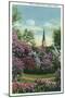 Lombard, Illinois, Lilacia Park, View of Blooming Lilacs, Church Belltown in Distance-Lantern Press-Mounted Art Print