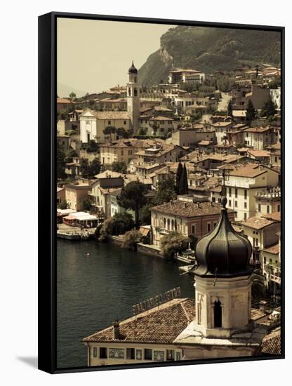 Lombardy, Lake District, Lake Garda, Limone Sul Garda, Town View with San Benedetto Church, Italy-Walter Bibikow-Framed Stretched Canvas