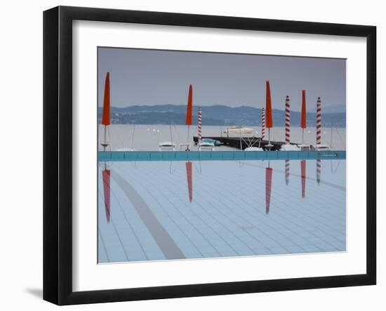 Lombardy, Lake District, Lake Garda, Sirmione, Lakeside Swimming Pool, Italy-Walter Bibikow-Framed Photographic Print