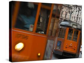 Lombardy, Milan, Piazza Cordusio, Trams, Italy-Walter Bibikow-Stretched Canvas