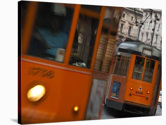 Lombardy, Milan, Piazza Cordusio, Trams, Italy-Walter Bibikow-Stretched Canvas