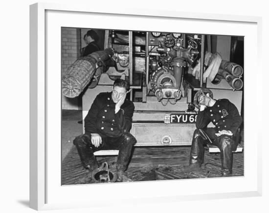 London Auxiliary Fire Service Crew Members Catch Nap on Tail of a Fire Truck-William Vandivert-Framed Photographic Print