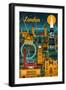 London, England - Retro Skyline-Lantern Press-Framed Art Print