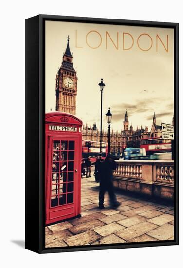 London, England - Telephone Booth and Big Ben-Lantern Press-Framed Stretched Canvas