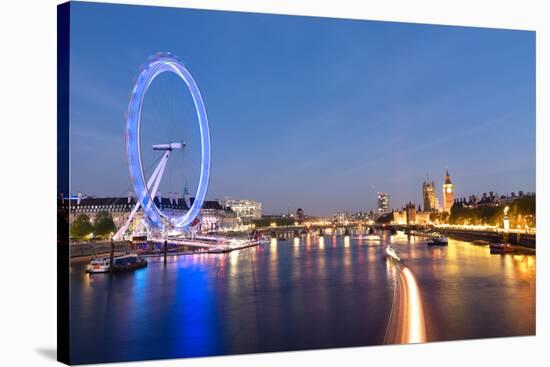 London Eye and Big Ben on the Banks of Thames River at Twilight-ollirg-Stretched Canvas