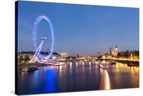 London Eye and Big Ben on the Banks of Thames River at Twilight-ollirg-Stretched Canvas