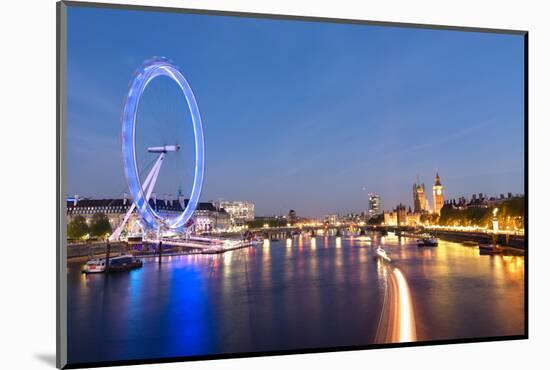 London Eye and Big Ben on the Banks of Thames River at Twilight-ollirg-Mounted Photographic Print