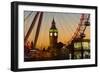 London Eye (Millennium Wheel) frames Big Ben at sunset, London, England, United Kingdom, Europe-Charles Bowman-Framed Photographic Print