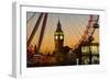 London Eye (Millennium Wheel) frames Big Ben at sunset, London, England, United Kingdom, Europe-Charles Bowman-Framed Photographic Print