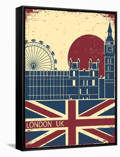 London Landmark.Vintage Background With England Flag On Old Poster-GeraKTV-Framed Stretched Canvas