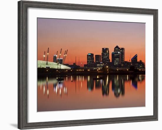 London, Newham, O2 Arena and Canary Wharf Buildings Reflecting in Royal Victoria Docks, England-Jane Sweeney-Framed Photographic Print