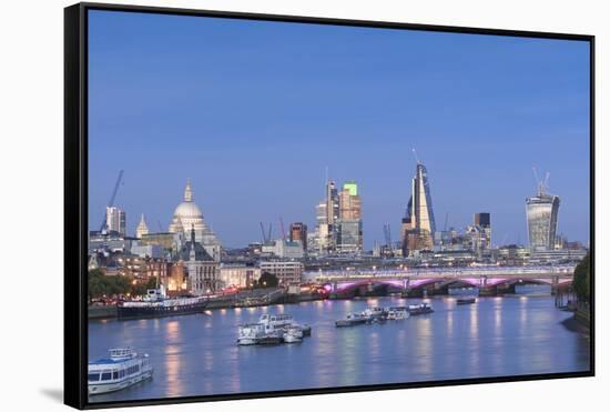 London Skyline and River Thames at Dusk, London, England-null-Framed Stretched Canvas