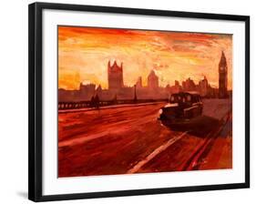 London Taxi Big Ben Sunset with Parliament-Markus Bleichner-Framed Art Print
