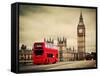 London, the Uk. Red Bus in Motion and Big Ben, the Palace of Westminster. the Icons of England in V-Michal Bednarek-Framed Stretched Canvas