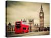 London, the Uk. Red Bus in Motion and Big Ben, the Palace of Westminster. the Icons of England in V-Michal Bednarek-Stretched Canvas