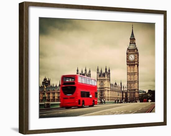 London, the Uk. Red Bus in Motion and Big Ben, the Palace of Westminster. the Icons of England in V-Michal Bednarek-Framed Photographic Print