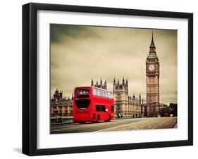 London, the Uk. Red Bus in Motion and Big Ben, the Palace of Westminster. the Icons of England in V-Michal Bednarek-Framed Photographic Print