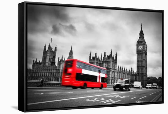 London, the Uk. Red Bus in Motion and Big Ben, the Palace of Westminster. the Icons of England-Michal Bednarek-Framed Stretched Canvas