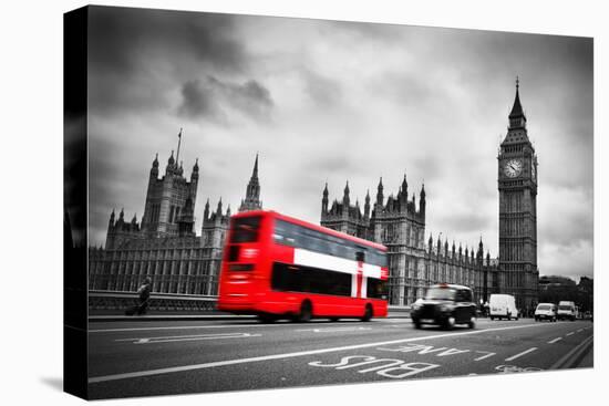 London, the Uk. Red Bus in Motion and Big Ben, the Palace of Westminster. the Icons of England-Michal Bednarek-Stretched Canvas