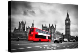 London, the Uk. Red Bus in Motion and Big Ben, the Palace of Westminster. the Icons of England-Michal Bednarek-Stretched Canvas